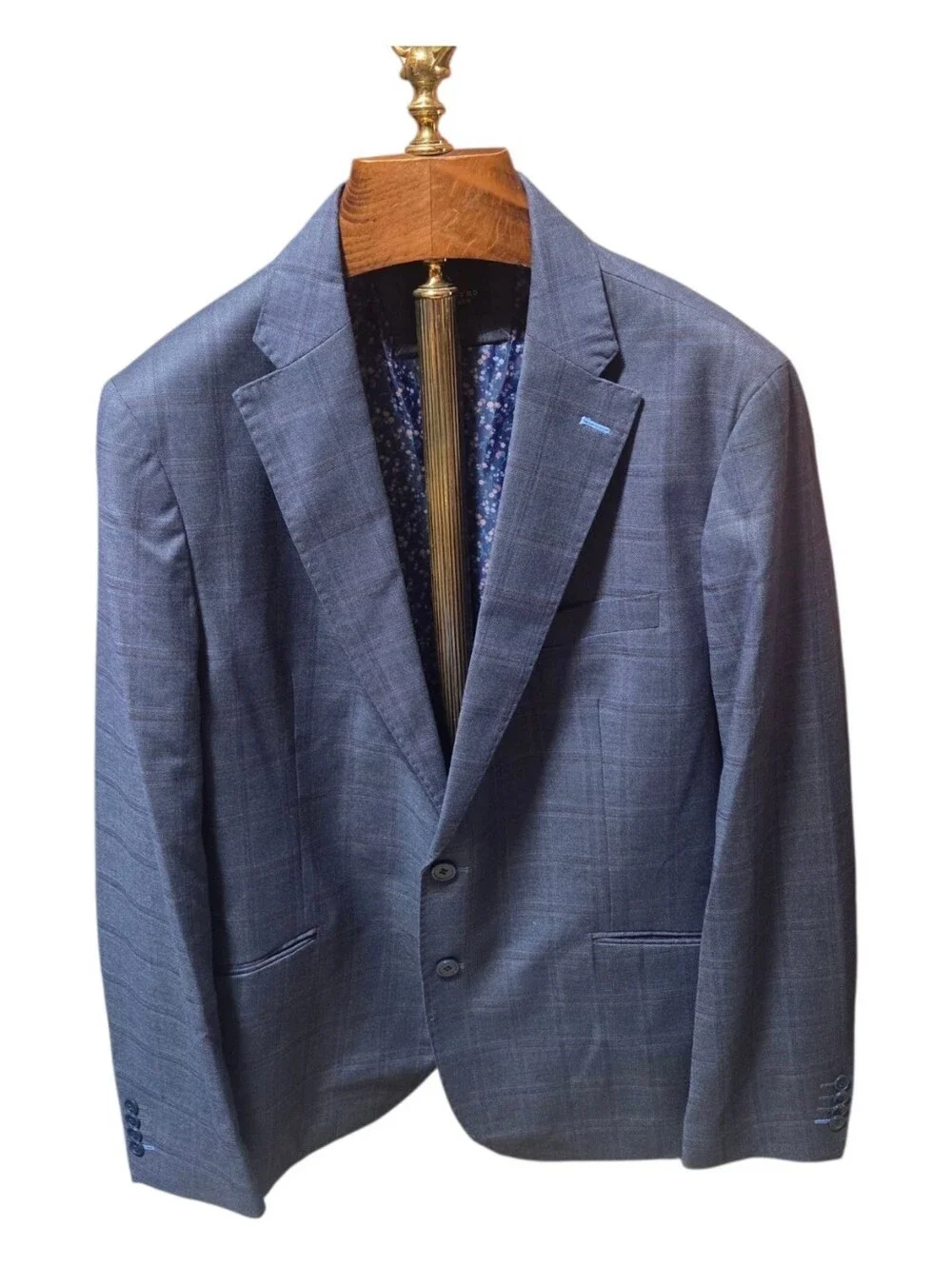 TaylorBird Stretch Fabric Blue Windowpain Plaid Blazer Sportscoat Size 46R